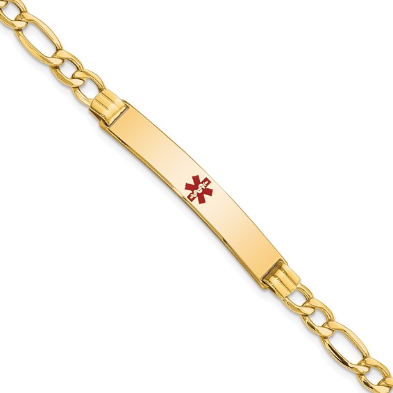 14K Medical Semi-Solid Chain/Solid Plate 37x6mm Centered Red Enamel Figaro Link 7 inch ID Bracelet