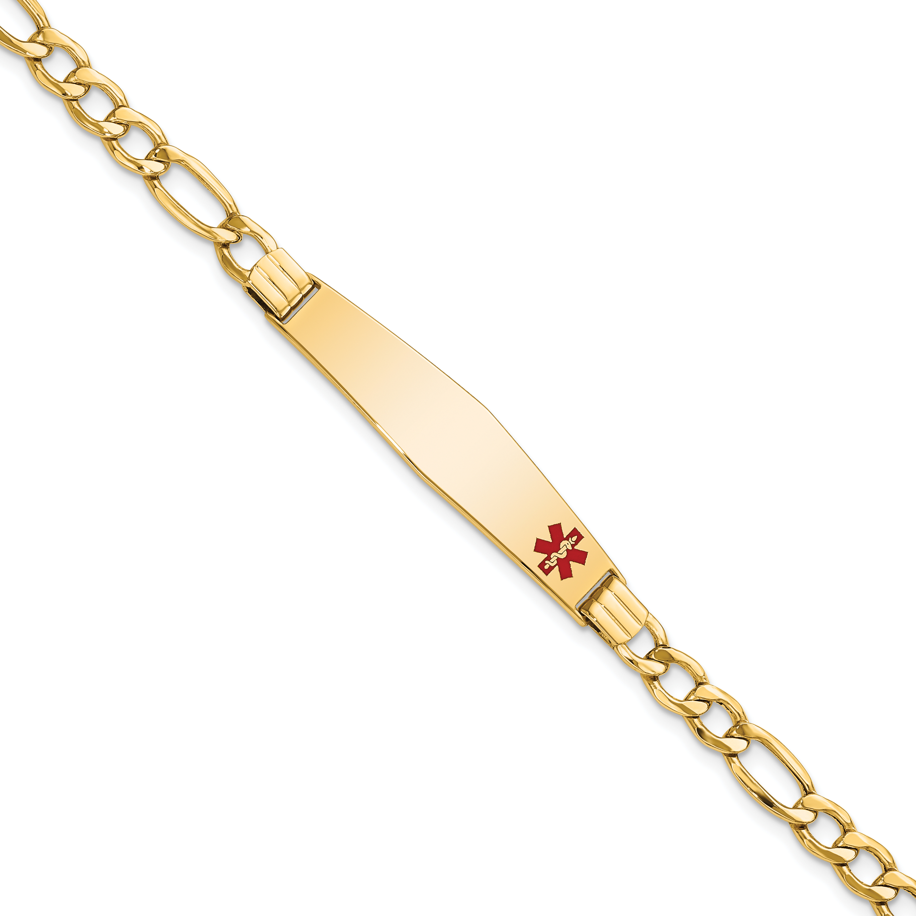 14K Medical Semi-Solid Chain/Solid Plate Soft Diamond Shape 37x9mm Off-Center Red Enamel Figaro Link 7 inch ID Bracelet (XM571FC-7)