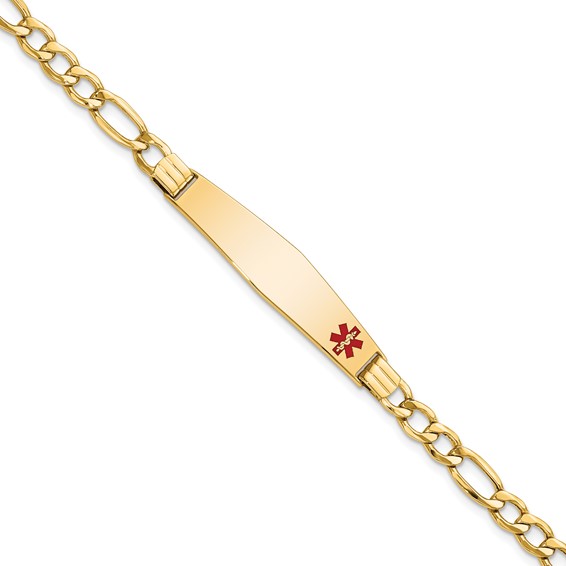 14K Medical Semi-Solid Chain/Solid Plate Soft Diamond Shape 37x9mm Off-Center Red Enamel Figaro Link 7 inch ID Bracelet