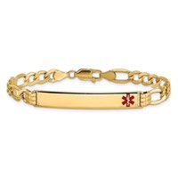 14K Yellow Gold Medical Semi-Solid Chain Solid Plate 37x 6mm Off-Center Red Enamel Figaro Link ID Bracelet, 7" view 3