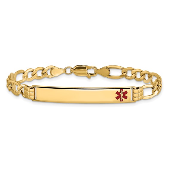 14K Medical Semi-Solid Chain/Solid Plate 37x6mm Off-Center Red Enamel Figaro Link 7 inch ID Bracelet