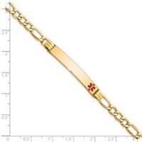 14K Yellow Gold Medical Semi-Solid Chain Solid Plate 37x 6mm Off-Center Red Enamel Figaro Link ID Bracelet, 7" view 4