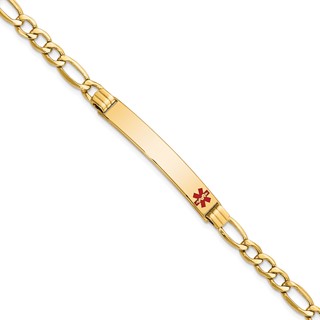14K Medical Semi-Solid Chain/Solid Plate 37x6mm Off-Center Red Enamel Figaro Link 7 inch ID Bracelet