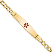 14K Yellow Gold Medical Semi-Solid Chain Solid Plate Soft Diamond Shape 37x9mm Centered Red Enamel Curb Link ID Bracelet - 7in view 1