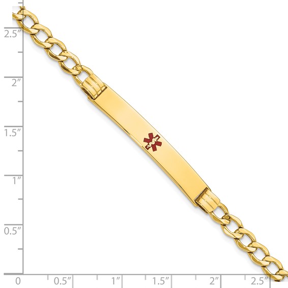 14K Medical Semi-Solid Chain/Solid Plate 37x6mm Centered Red Enamel Cuban Link 7 inch ID Bracelet