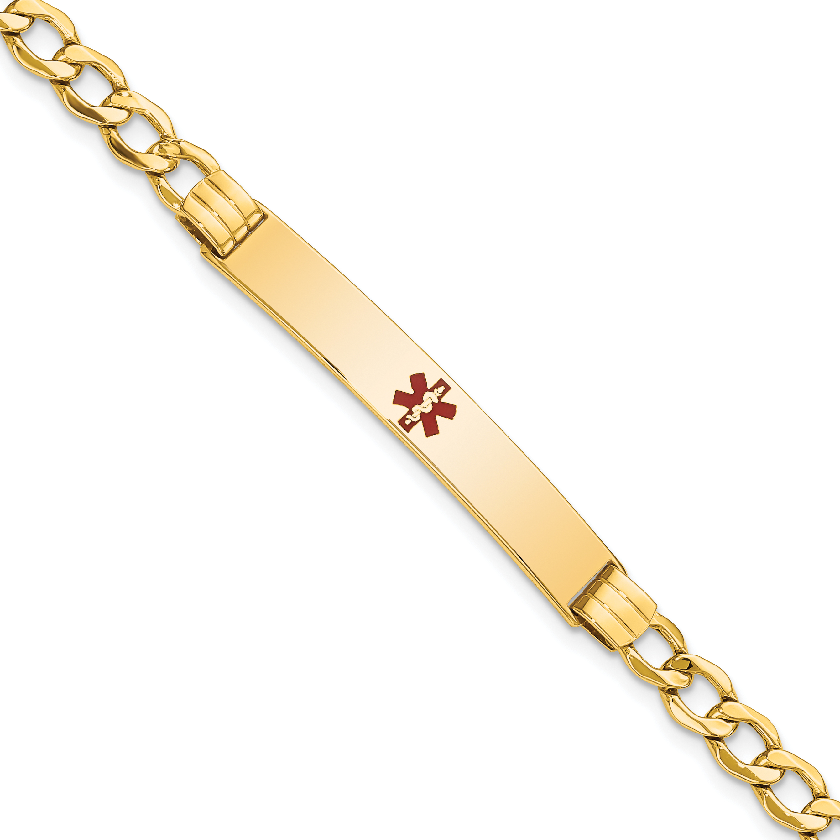14K Medical Semi-Solid Chain/Solid Plate 37x6mm Centered Red Enamel Cuban Link 7 inch ID Bracelet (XM572CR-7)
