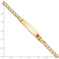 14K Yellow Gold Medical Semi-Solid Chain Solid Plate Soft Diamond Shape 37x 9mm Off-Center Red Enamel Cuban Link ID Bracelet, 7" view 3