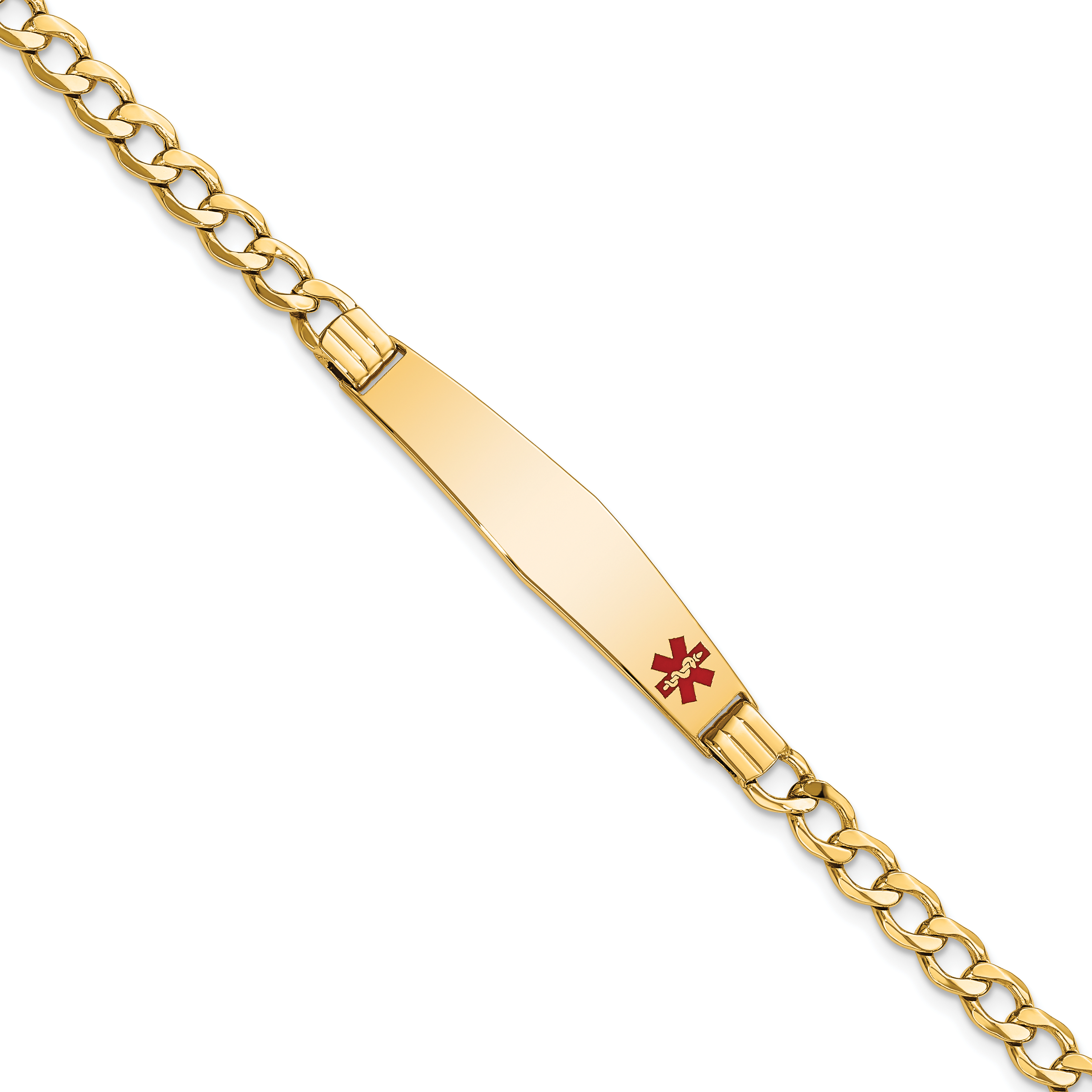 14K Medical Semi-Solid Chain/Solid Plate Soft Diamond Shape 37x9mm Off-Center Red Enamel Cuban Link 7 inch ID Bracelet (XM572FC-7)