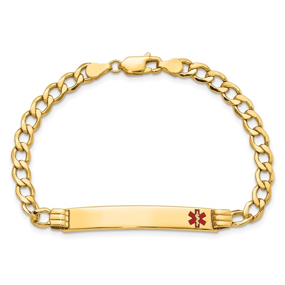 14K Medical Semi-Solid Chain/Solid Plate 37x6mm Off-Center Red Enamel Cuban Link 7 inch ID Bracelet