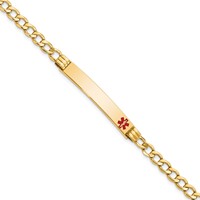 14K Medical Semi-Solid Chain Solid Plate 37x6mm Off-Center Red Enamel Cuban Link 7 Inch ID Bracelet view 1