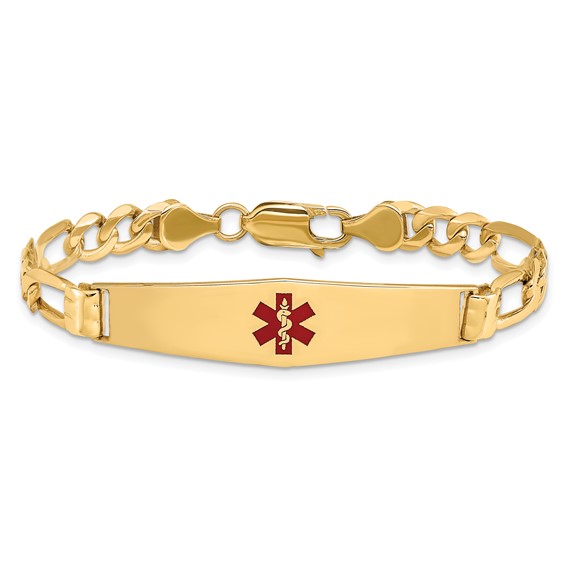 14K Medical Solid Chain/Solid Plate Soft Diamond Shape 36x9mm Centered Red Enamel Figaro Link 7 inch ID Bracelet