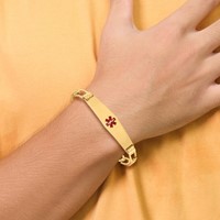 14K Medical Solid Chain Solid Plate Soft Diamond Shape 36x9mm Centered Red Enamel Figaro Link 7 Inch ID Bracelet view 5