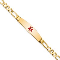 14K Medical Solid Chain Solid Plate Soft Diamond Shape 36x9mm Centered Red Enamel Figaro Link 7 Inch ID Bracelet view 1
