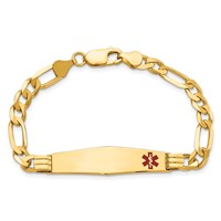 14K Yellow Gold Medical Solid Chain Solid Plate Soft Diamond Shape 38x9mm Off-Center Red Enamel Figaro Link ID Bracelet - 7in view 4