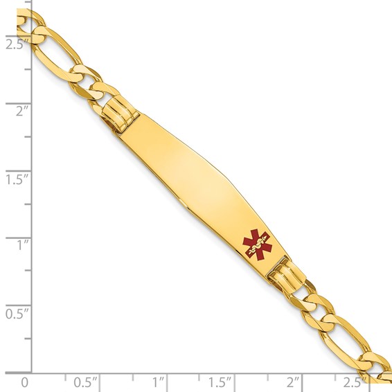 14K Medical Solid Chain/Solid Plate Soft Diamond Shape 38x9mm Off-Center Red Enamel Figaro Link 7 inch ID Bracelet