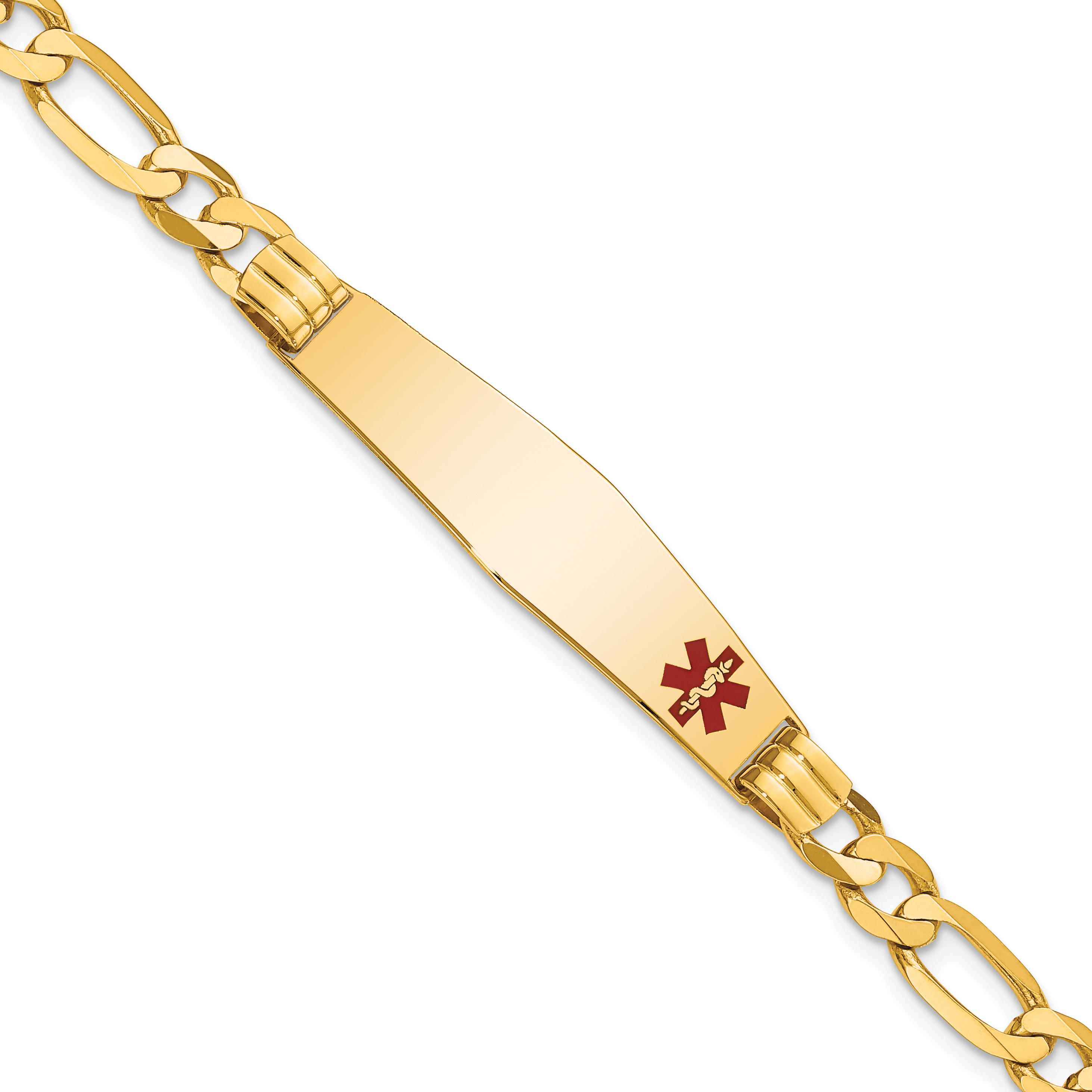 14K Medical Solid Chain/Solid Plate Soft Diamond Shape 38x9mm Off-Center Red Enamel Figaro Link 7 inch ID Bracelet (XM573FC-7)