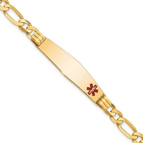 14K Medical Solid Chain/Solid Plate Soft Diamond Shape 38x9mm Off-Center Red Enamel Figaro Link 7 inch ID Bracelet
