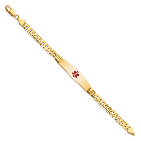 14K Medical Solid Chain/Solid Plate Soft Diamond Shape 37x9mm Centered Red Enamel Curb Link 8 inch ID Bracelet