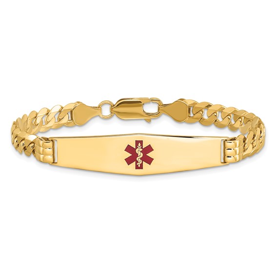 14K Medical Solid Chain/Solid Plate Soft Diamond Shape 37x9mm Centered Red Enamel Curb Link 8 inch ID Bracelet