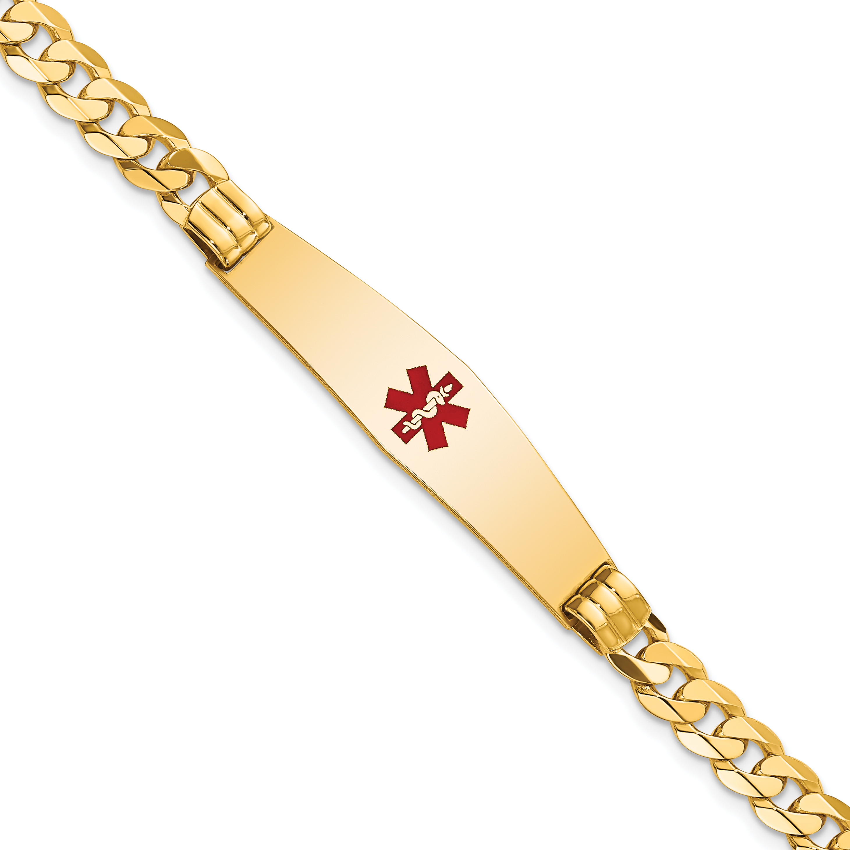 14K Medical Solid Chain/Solid Plate Soft Diamond Shape 37x9mm Centered Red Enamel Curb Link 7 inch ID Bracelet (XM574CC-7)
