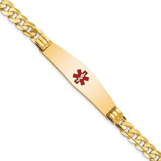 14K Medical Solid Chain/Solid Plate Soft Diamond Shape 37x9mm Centered Red Enamel Curb Link 8 inch ID Bracelet