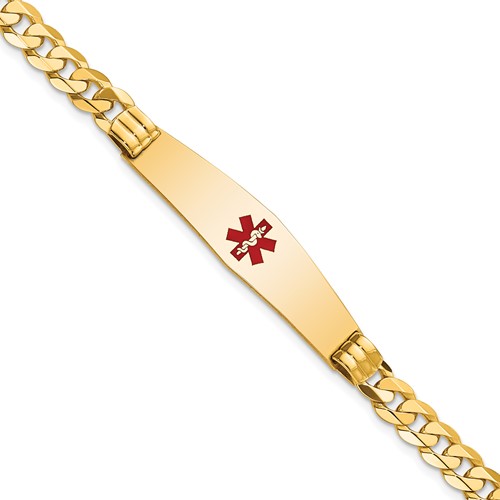 14K Yellow Gold Medical Solid Chain Solid Plate Soft Diamond Shape 37x 9mm Centered Red Enamel Curb Link ID Bracelet, 7"