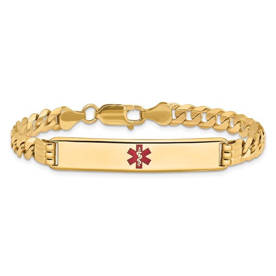 14K Medical Solid Chain/Solid Plate 38x8mm Centered Red Enamel Curb Link 8 inch ID Bracelet