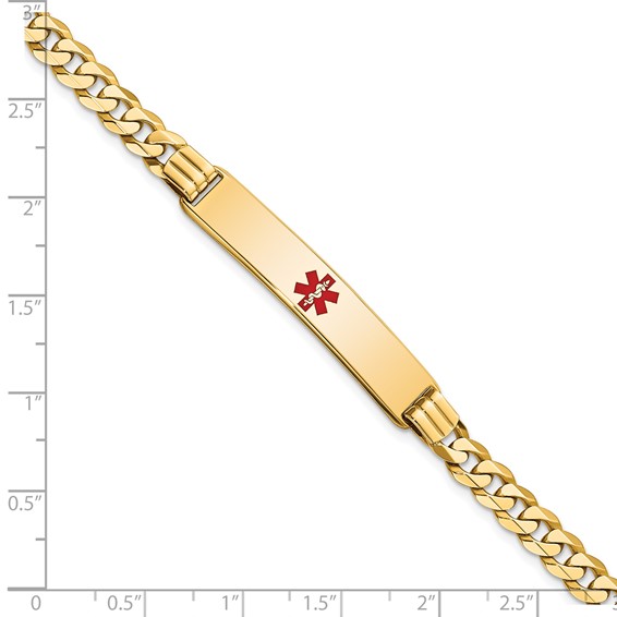 14K Medical Solid Chain/Solid Plate 38x8mm Centered Red Enamel Curb Link 8 inch ID Bracelet