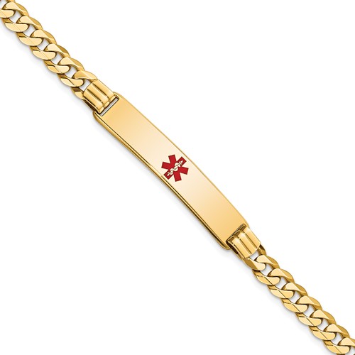 14K Medical Solid Chain/Solid Plate 38x8mm Centered Red Enamel Curb Link 7 inch ID Bracelet