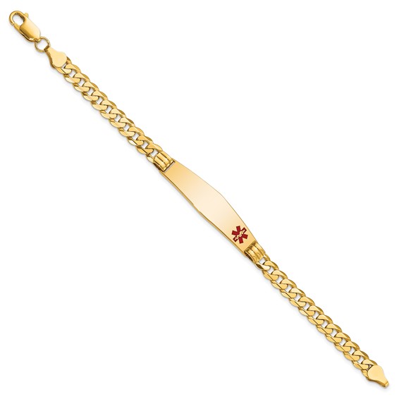 14K Medical Solid Chain/Solid Plate Soft Diamond Shape 38x9mm Off-Center Red Enamel Curb Link 7 inch ID Bracelet
