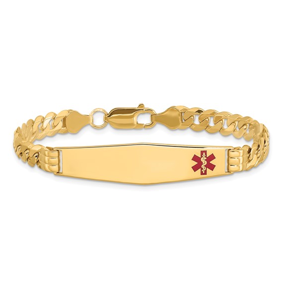 14K Medical Solid Chain/Solid Plate Soft Diamond Shape 38x9mm Off-Center Red Enamel Curb Link 7 inch ID Bracelet
