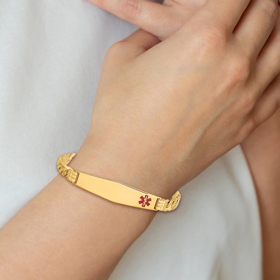 14K Medical Solid Chain/Solid Plate Soft Diamond Shape 38x9mm Off-Center Red Enamel Curb Link 7 inch ID Bracelet