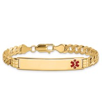 14K Yellow Gold Medical Solid Chain Solid Plate 38x 8mm Off-Center Red Enamel Curb Link ID Bracelet, 7" view 3