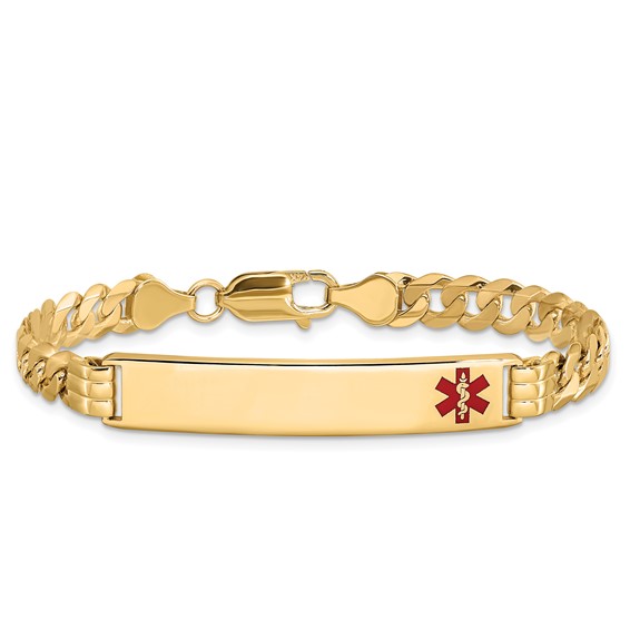 14K Medical Solid Chain/Solid Plate 38x8mm  Off-Center Red Enamel Curb Link 7 inch ID Bracelet