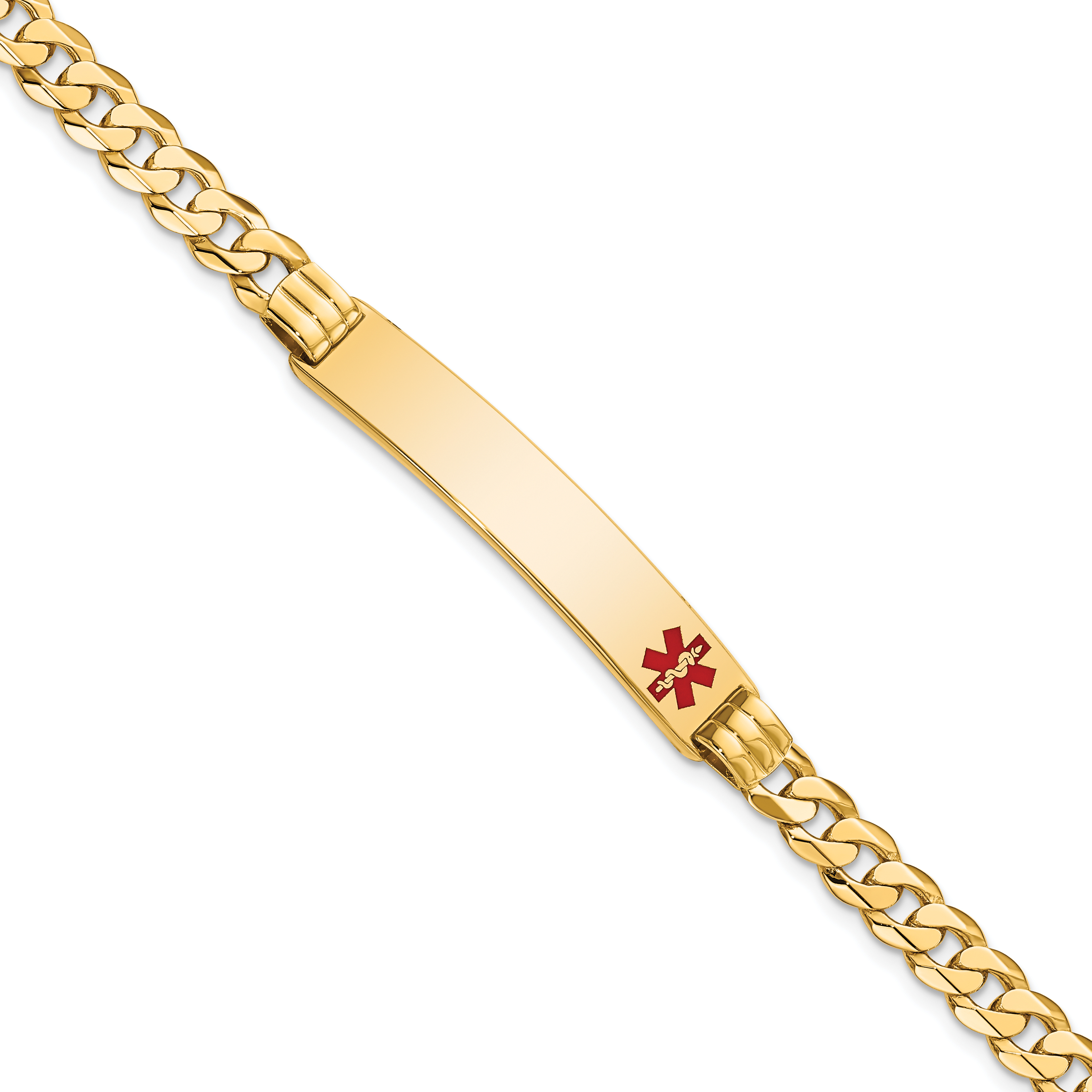 14K Medical Solid Chain/Solid Plate 38x8mm  Off-Center Red Enamel Curb Link 7 inch ID Bracelet (XM574FR-7)