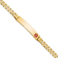 14K Yellow Gold Medical Solid Chain Solid Plate 38x 8mm Off-Center Red Enamel Curb Link ID Bracelet, 7" view 1