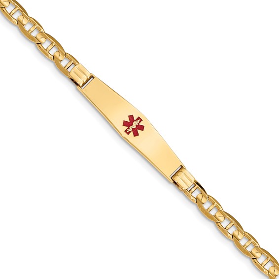 14K Medical Soft Diamond Shape Red Enamel Anchor Link ID Bracelet