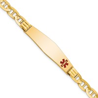 14K Yellow Gold Medical Solid Chain Solid Plate Soft Diamond Shape 38x9mm Off-Center Red Enamel Anchor Link ID Bracelet - 7in view 1