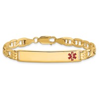 14K Yellow Gold Medical Solid Chain Solid Plate 38x8mm Off-Center Red Enamel Anchor Link ID Bracelet - 7in view 3