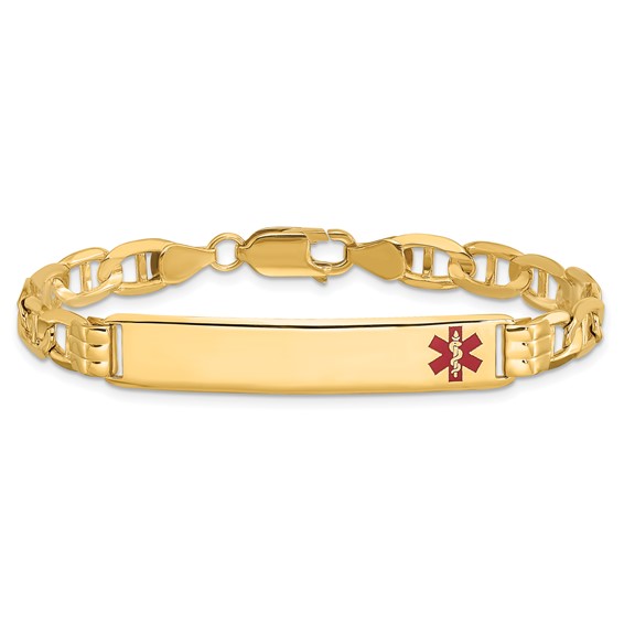 14K Medical Solid Chain/Solid Plate 38x8mm Off-Center Red Enamel Anchor Link 7 inch ID Bracelet