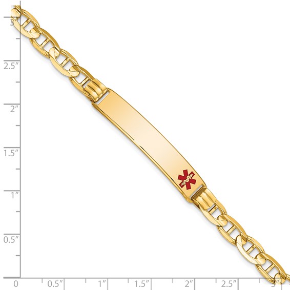 14K Medical Solid Chain/Solid Plate 38x8mm Off-Center Red Enamel Anchor Link 8 inch ID Bracelet