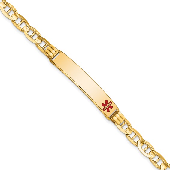 14K Medical Solid Chain/Solid Plate 38x8mm Off-Center Red Enamel Anchor Link 8 inch ID Bracelet