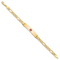 14K Medical Semi-Solid Chain Solid Plate 38x9mm Centered Red Enamel Figaro Link 7 Inch ID Bracelet view 2