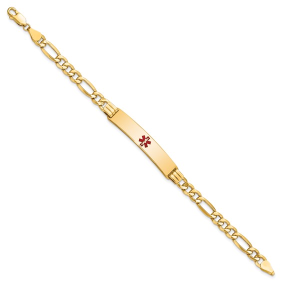 14K Medical Semi-Solid Chain/Solid Plate 38x9mm Centered Red Enamel Figaro Link 7 inch ID Bracelet
