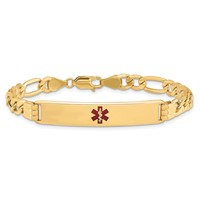 14K Medical Semi-Solid Chain Solid Plate 38x9mm Centered Red Enamel Figaro Link 7 Inch ID Bracelet view 3