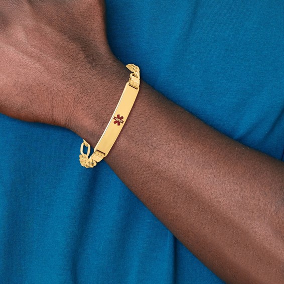 14K Medical Semi-Solid Chain/Solid Plate 38x9mm Centered Red Enamel Figaro Link 7 inch ID Bracelet