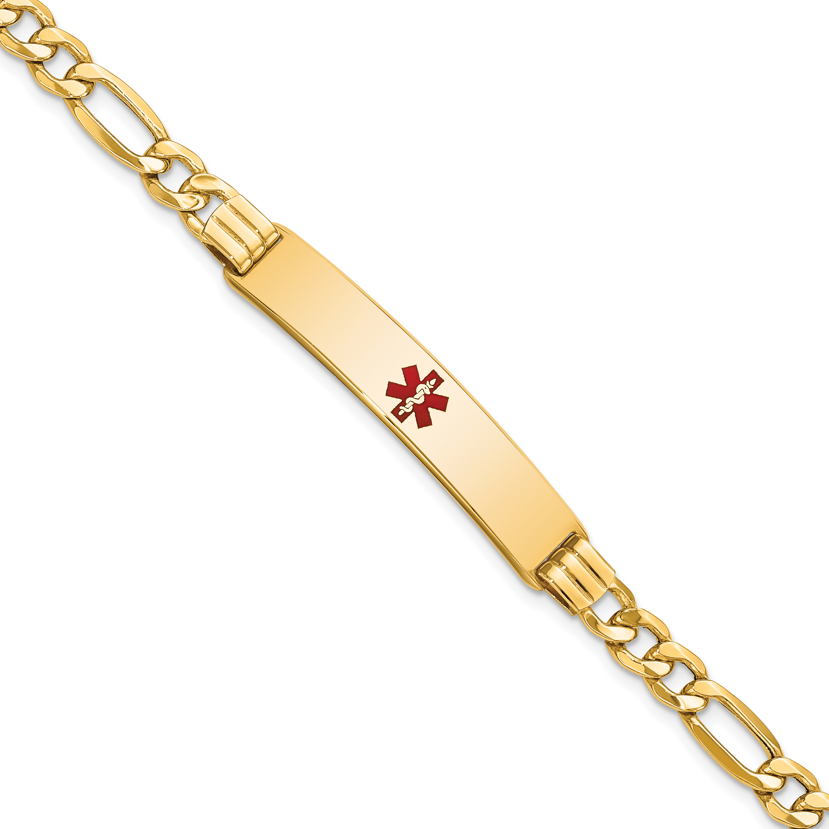 14K Medical Semi-Solid Chain/Solid Plate 38x9mm Centered Red Enamel Figaro Link 7 inch ID Bracelet (XM576CR-7)