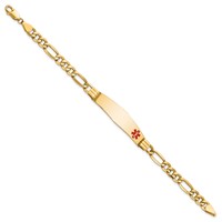 14K Yellow Gold Medical Semi-Solid Chain Solid Plate Soft Diamond Shape 38x 9mm Off-Center Red Enamel Figaro Link ID Bracelet, 7" view 2