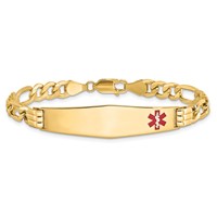 14K Yellow Gold Medical Semi-Solid Chain Solid Plate Soft Diamond Shape 38x 9mm Off-Center Red Enamel Figaro Link ID Bracelet, 7" view 3