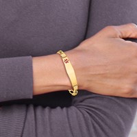14K Yellow Gold Medical Semi-Solid Chain Solid Plate Soft Diamond Shape 38x 9mm Off-Center Red Enamel Figaro Link ID Bracelet, 7" view 5